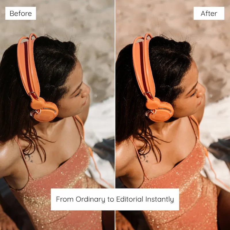 Before and after lifestyle portrait edited with Orange Lightroom presets featuring warm peach-orange tones and balanced skin color