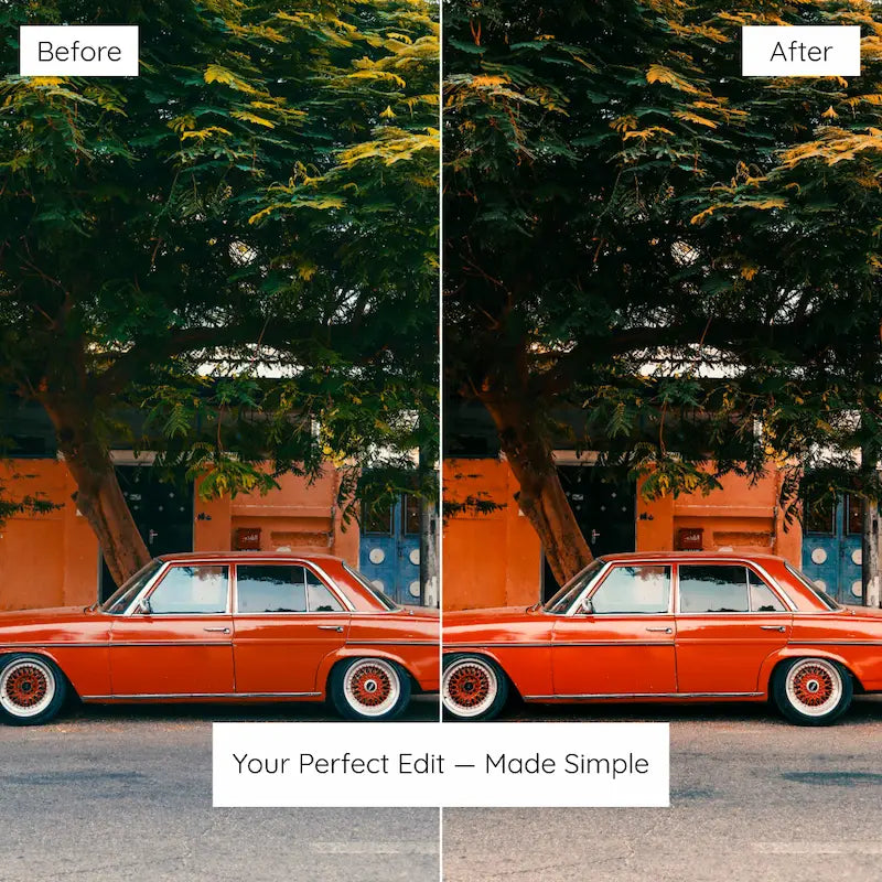 Before and after street photo edited with Orange Lightroom presets showing vibrant orange tones and rich outdoor color
