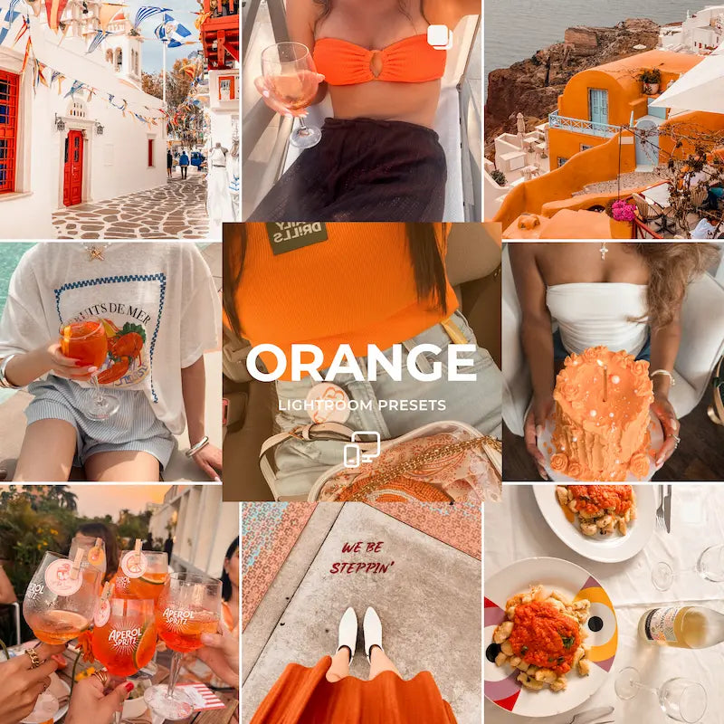 Orange Lightroom presets cover showing warm golden tones across travel, lifestyle, fashion, and outdoor photography