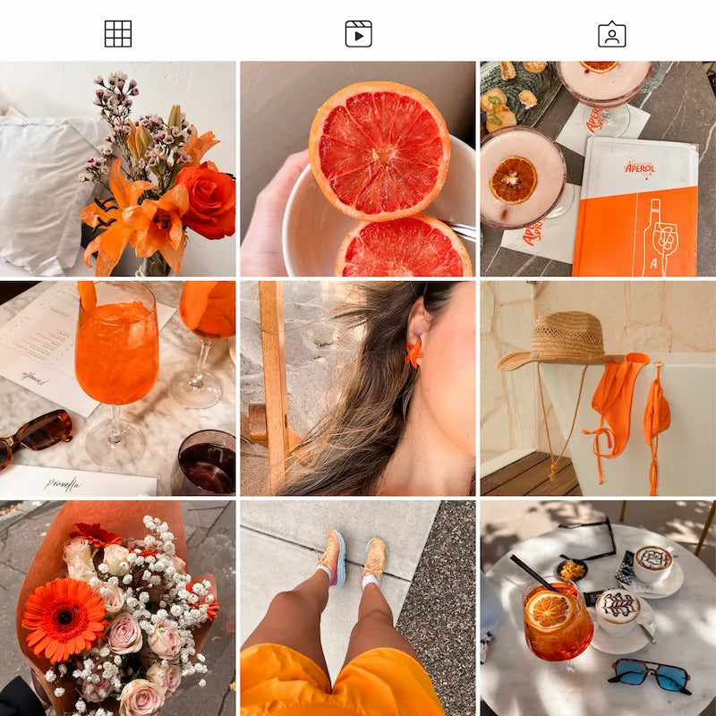 Photo grid preview edited with Orange Lightroom presets showing consistent orange and golden tones across lifestyle photos