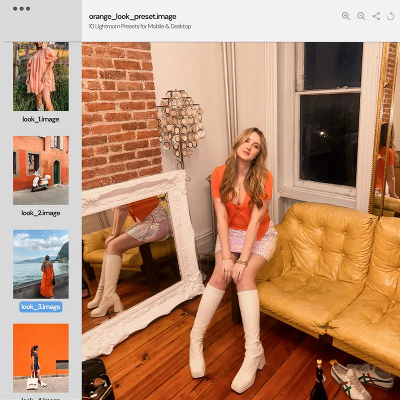 Preset variations preview edited with Orange Lightroom presets showing warm tones across different photos and lighting conditions
