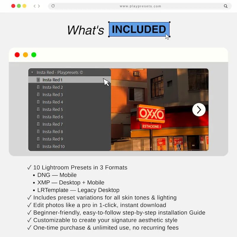 What’s included in Orange Lightroom presets collection showing 10 presets and files for mobile and desktop
