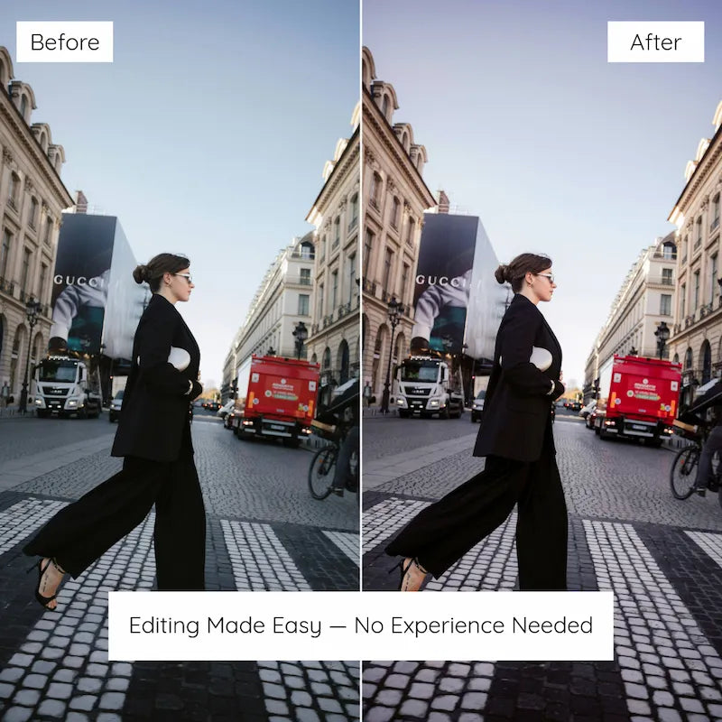 Before and after Paris street fashion photo edited with Paris Lightroom presets showing bright whites, soft contrast, and rose gold warmth
