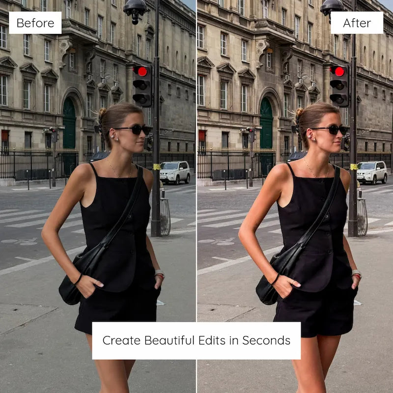 Before and after Paris fashion portrait edited with Paris Lightroom presets for refined contrast, warm skin tones, and chic city color