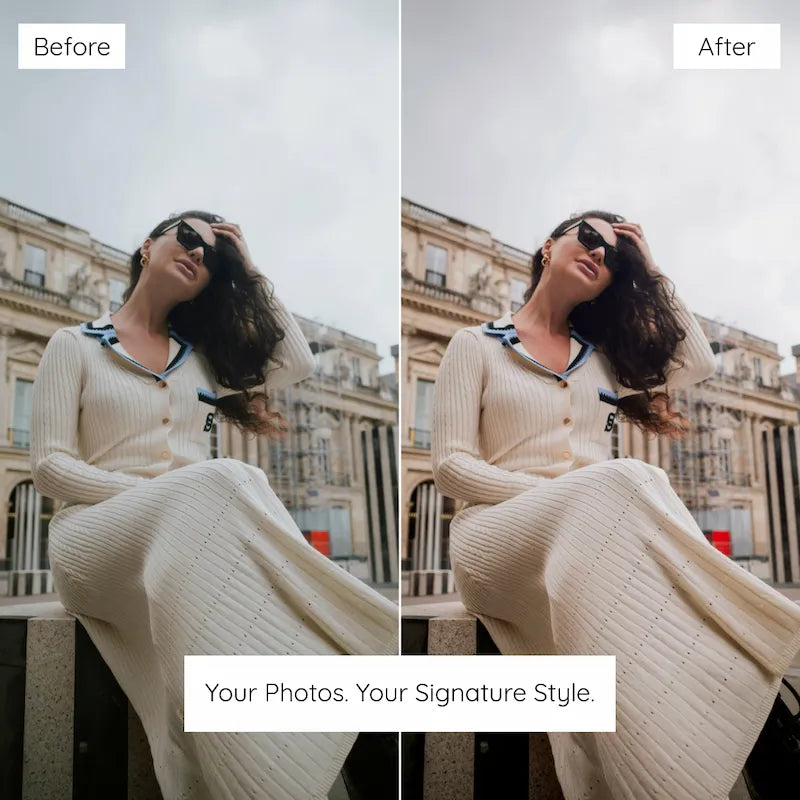 Before and after Paris lifestyle portrait edited with Paris Lightroom presets showing soft whites, luminous light, and polished warm tones