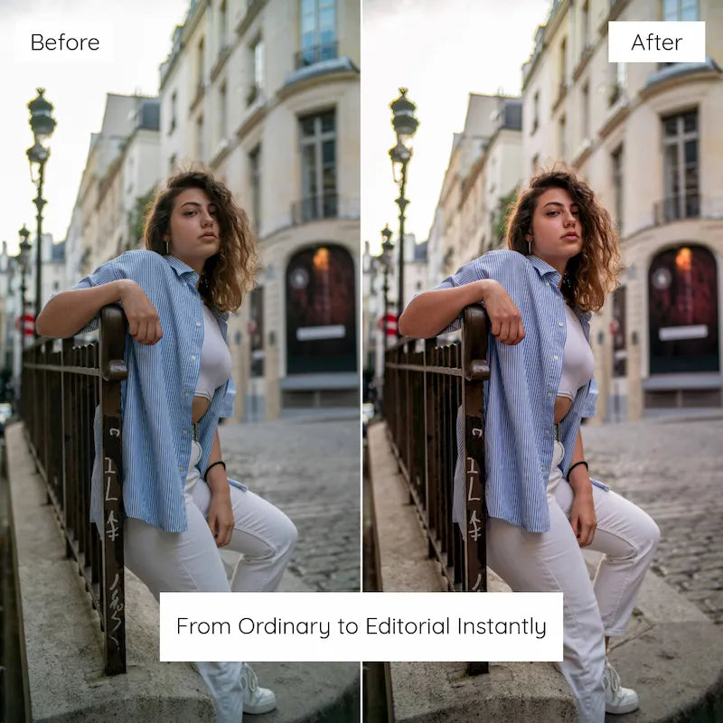 Before and after Paris street style photo edited with Paris Lightroom presets featuring clean color, soft contrast, and rose gold warmth