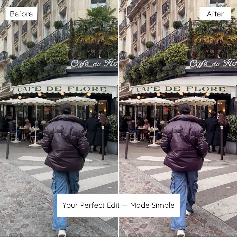 Before and after Paris café scene edited with Paris Lightroom presets showing refined city tones and a chic Parisian travel aesthetic