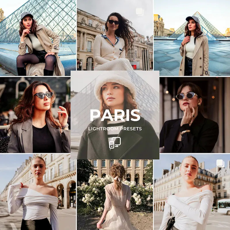 Paris Lightroom presets cover showing chic fashion portraits, Paris landmarks, bright whites, and elegant rose gold tones