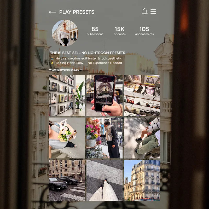 Instagram feed preview edited with Paris Lightroom presets showing cohesive fashion, café, travel, and Paris street photography