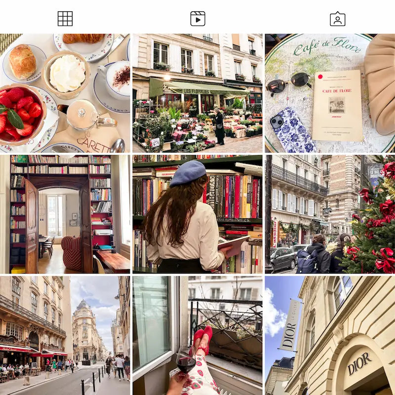 Photo grid preview edited with Paris Lightroom presets showing cohesive Paris cafés, architecture, fashion, and travel scenes