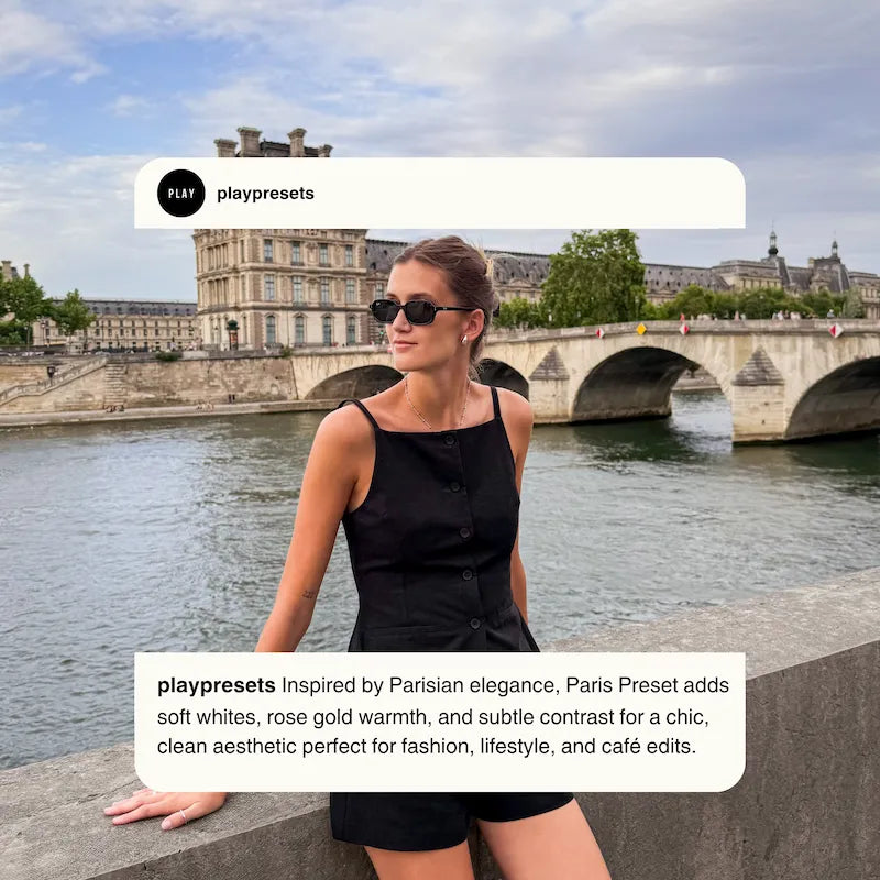 Paris Lightroom presets preview showing an elegant riverside portrait with soft contrast, natural color, and refined city tones