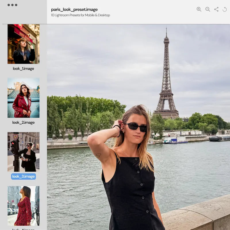 Paris Lightroom preset variations preview showing an Eiffel Tower portrait with bright whites, soft contrast, and polished color