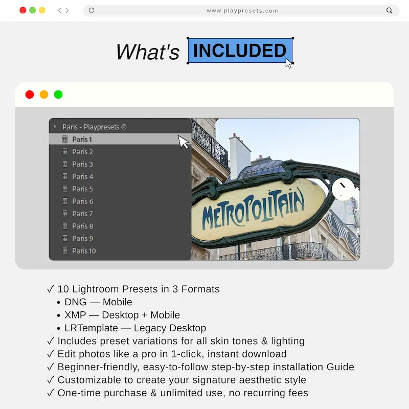 What’s included in Paris Lightroom presets collection showing 10 presets and files for mobile and desktop