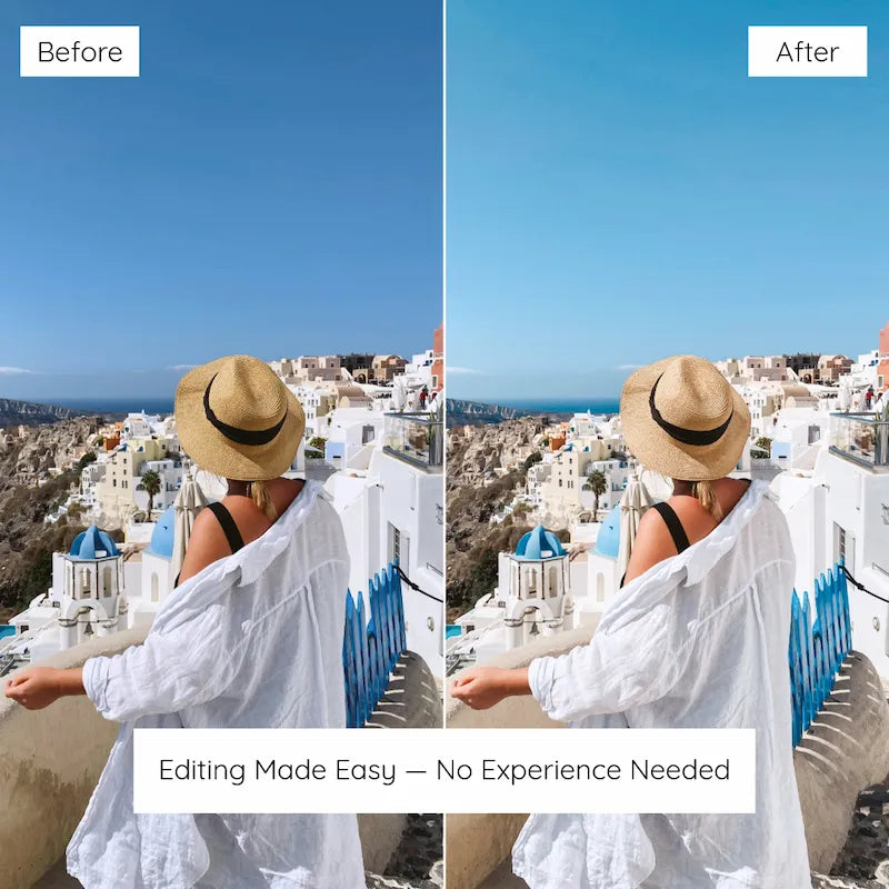 Before and after Santorini travel photo edited with Santorini Lightroom presets showing deep blue skies, clean whites, and bright coastal tones