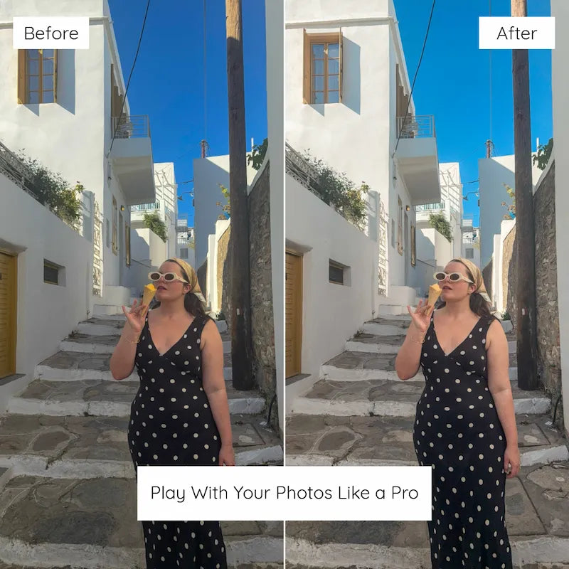 Before and after Santorini street photo edited with Santorini Lightroom presets featuring vivid blues, clean whites, and balanced Mediterranean light