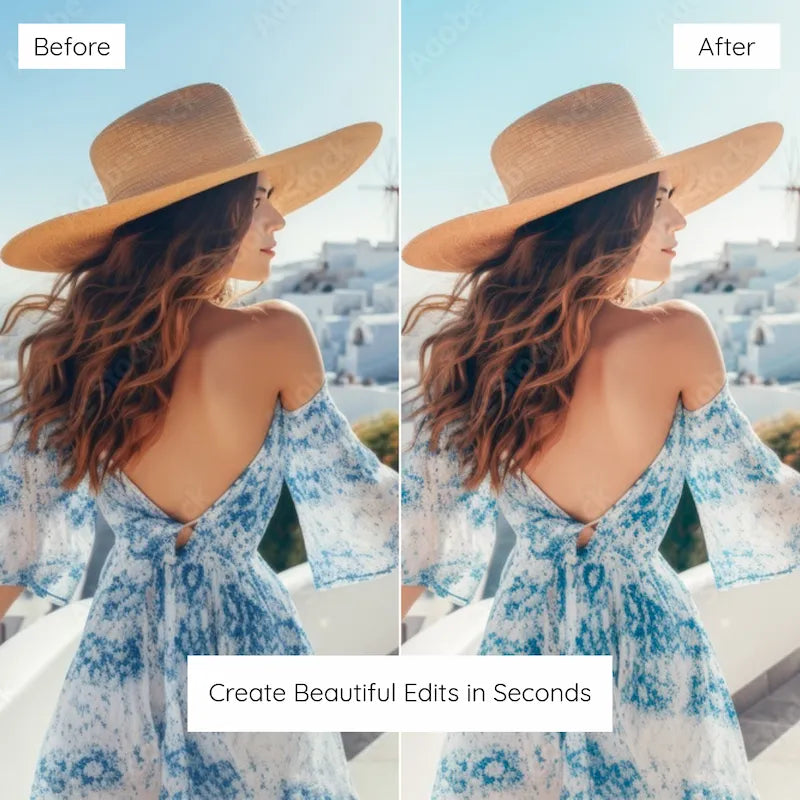 Before and after travel portrait edited with Santorini Lightroom presets showing deep blues, natural skin tones, and bright coastal color