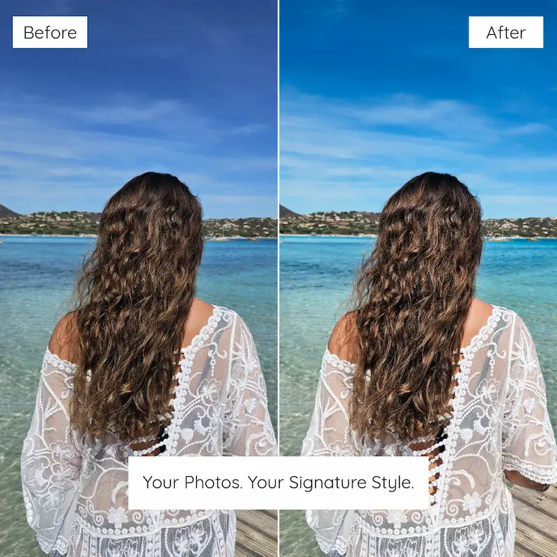 Before and after seaside photo edited with Santorini Lightroom presets featuring turquoise water, deep blue skies, and polished coastal tones