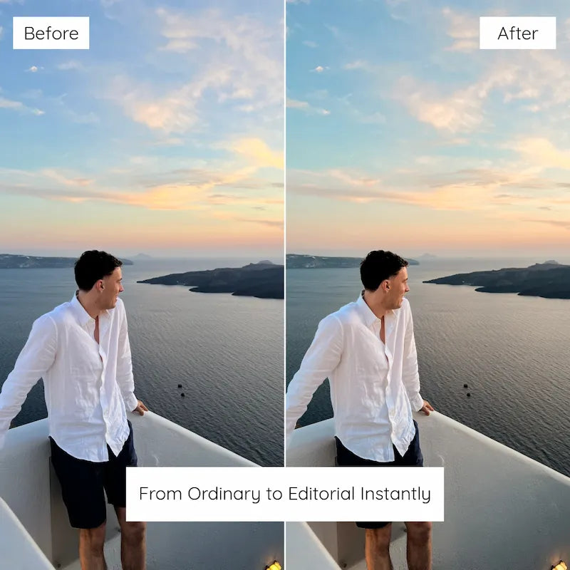 Before and after Santorini sunset photo edited with Santorini Lightroom presets showing soft blue tones, clean whites, and balanced Mediterranean light