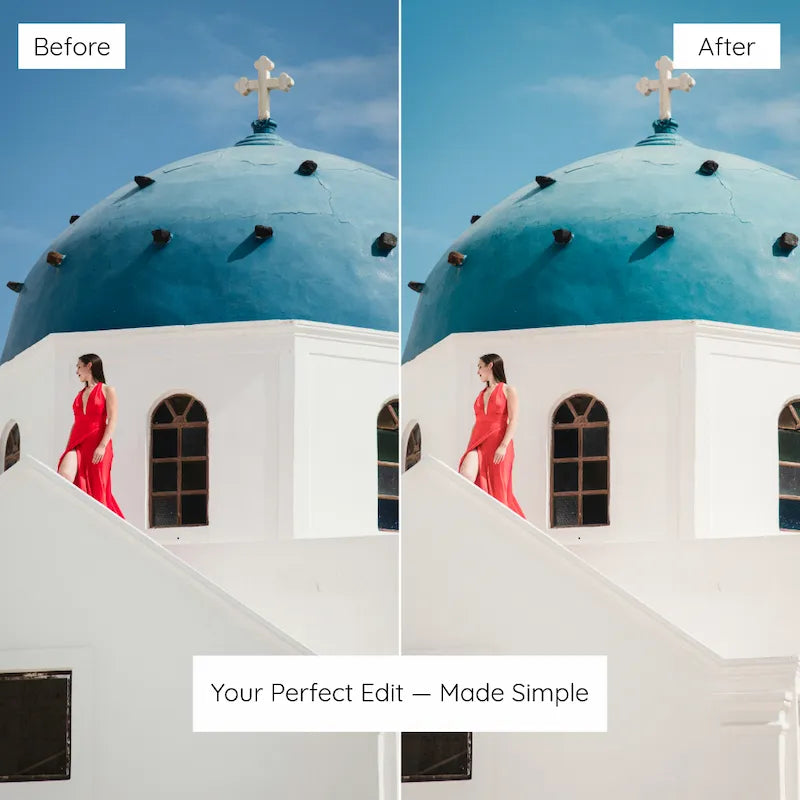 Before and after Santorini architecture photo edited with Santorini Lightroom presets showing iconic blue domes, clean whites, and natural coastal color