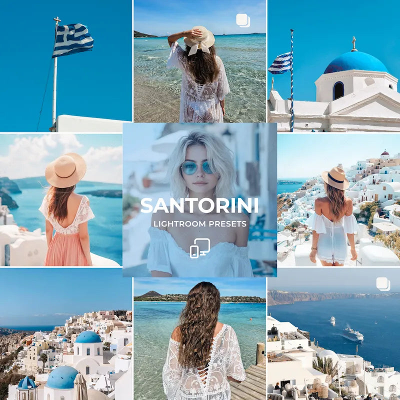 Santorini Lightroom presets cover showing blue and white architecture, coastal portraits, turquoise water, and Mediterranean travel photography