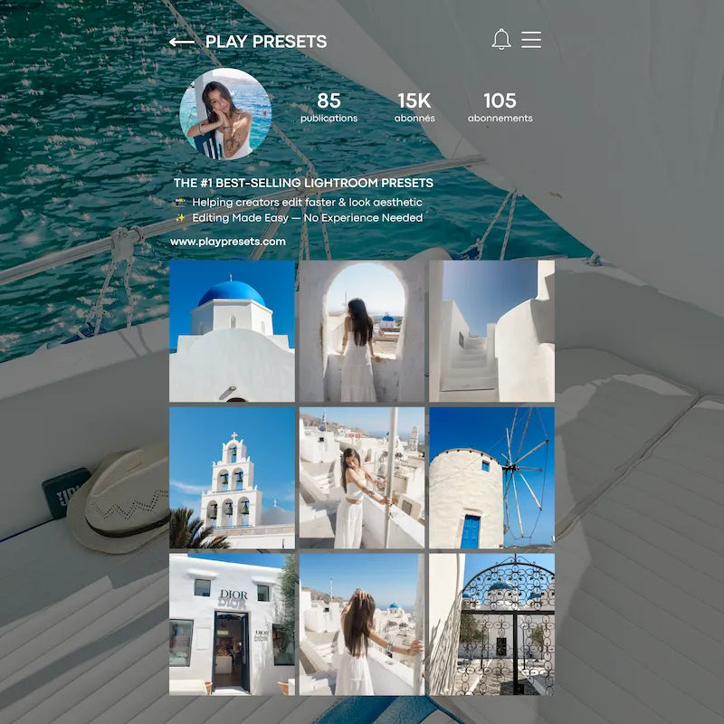 Instagram feed preview edited with Santorini Lightroom presets showing cohesive deep blues, clean whites, coastal scenery, and Mediterranean travel tones