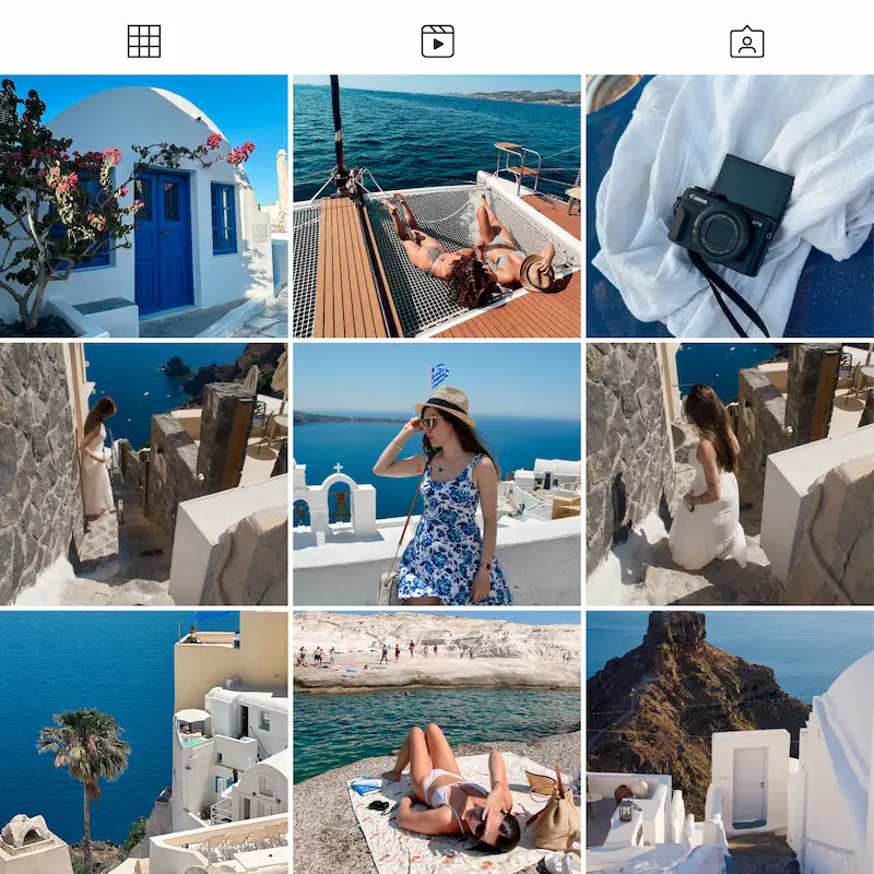 Photo grid preview edited with Santorini Lightroom presets showing blue and white architecture, beaches, sailing, travel portraits, and coastal scenery