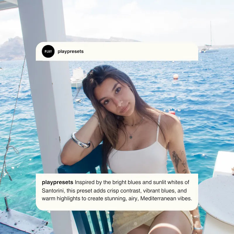Santorini Lightroom presets preview showing a seaside portrait with turquoise water, bright Mediterranean light, and natural skin tones