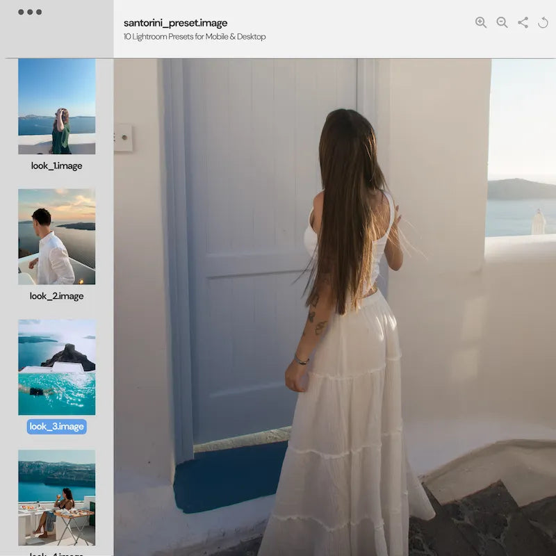 Santorini Lightroom preset variations preview showing a bright interior portrait with clean whites, soft coastal light, and natural tones