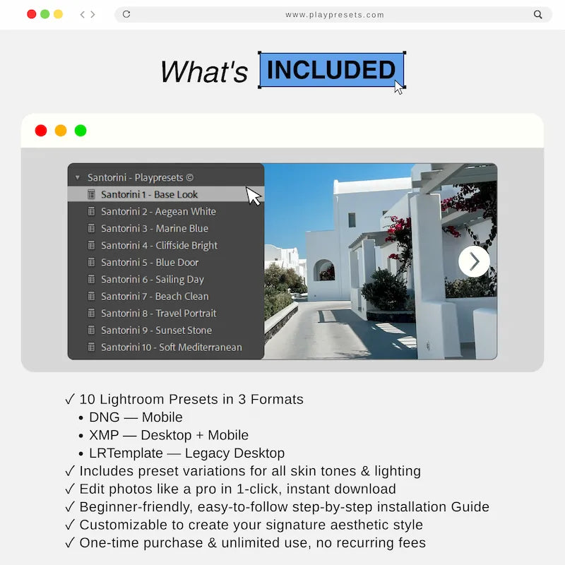 What’s included in Santorini Lightroom presets collection showing 10 presets and files for mobile and desktop