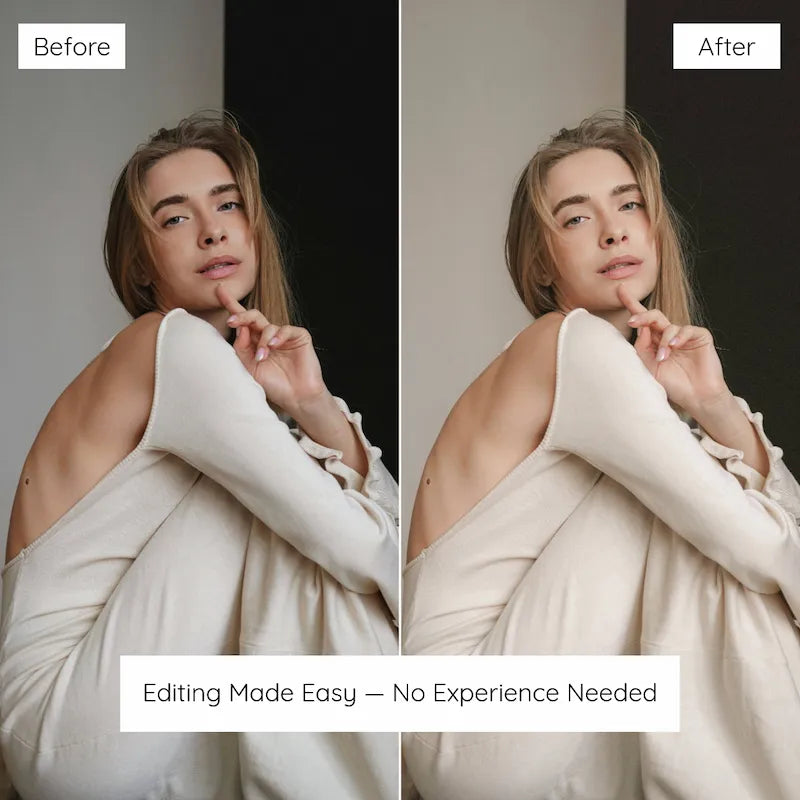 Before and after portrait edited with Soft Lightroom presets showing dreamy pastel tones, warm highlights, and soft natural skin tones