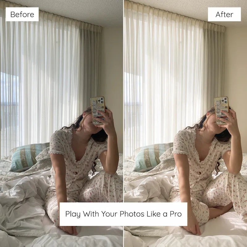 Before and after indoor lifestyle photo edited with Soft Lightroom presets featuring airy light, gentle warmth, and lifted soft shadows