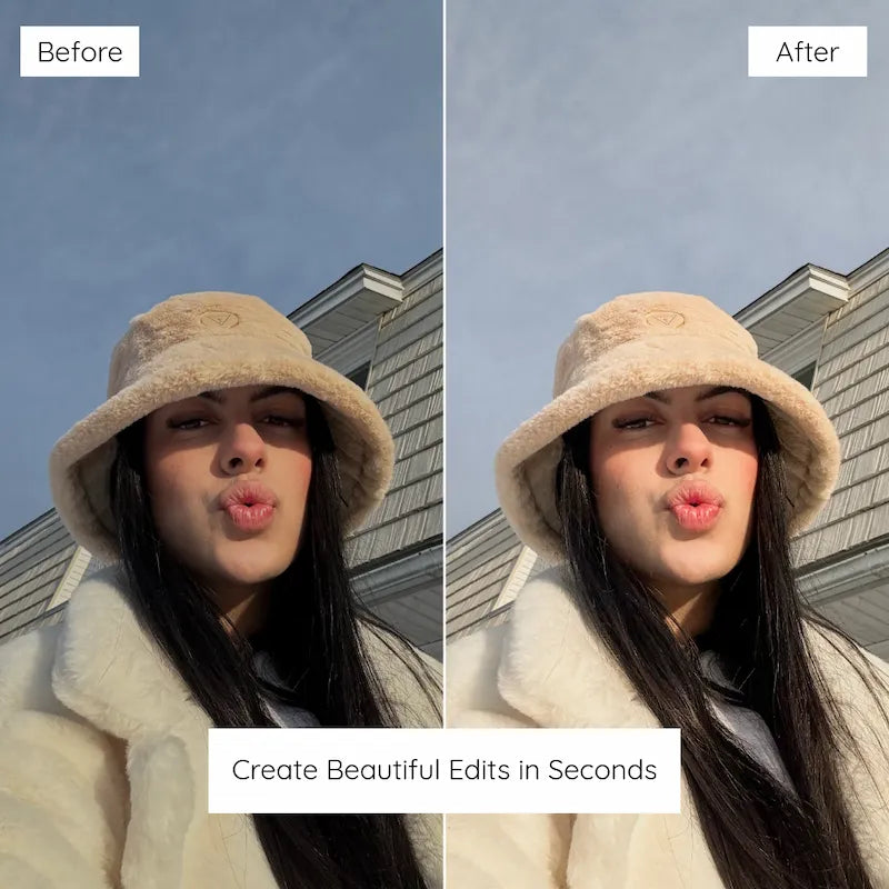 Before and after outdoor portrait edited with Soft Lightroom presets showing warm pastel tones, soft skin tones, and dreamy natural light