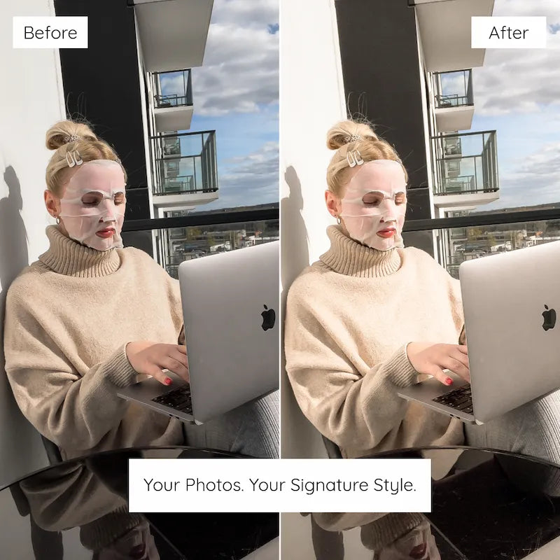 Before and after indoor lifestyle photo edited with Soft Lightroom presets featuring gentle contrast, warm neutrals, and a light polished finish