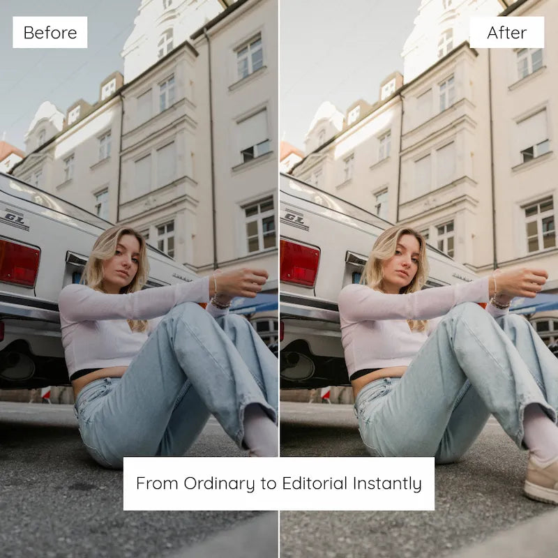 Before and after street lifestyle photo edited with Soft Lightroom presets showing airy tones, lifted shadows, and soft natural color