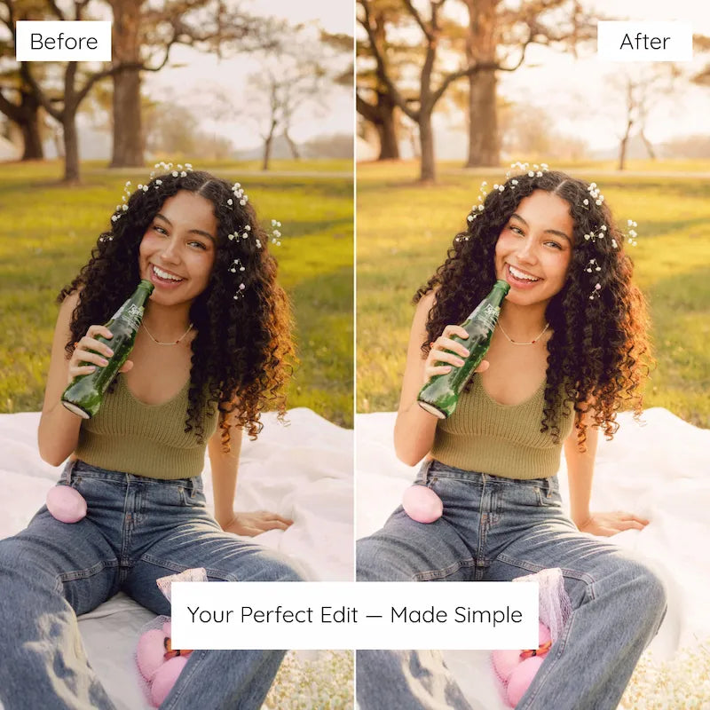 Before and after outdoor portrait edited with Soft Lightroom presets featuring warm golden light, pastel color, and natural skin tones