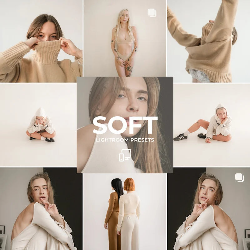 Soft Lightroom presets cover showing dreamy portraits, warm neutrals, pastel tones, and soft light-filled photography