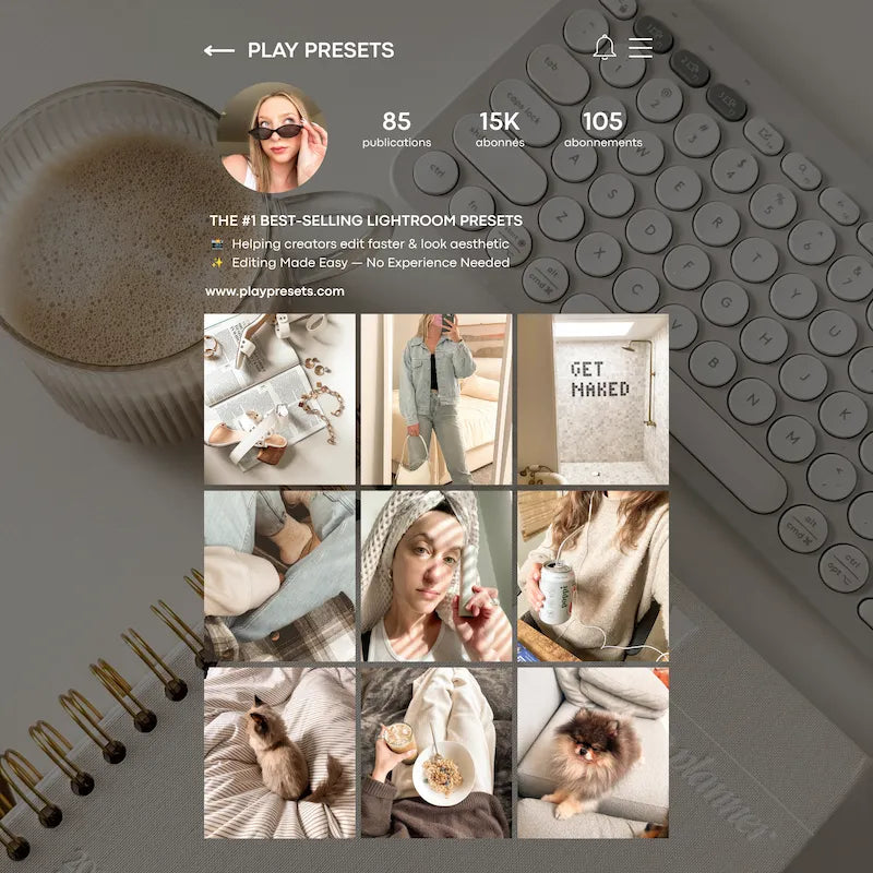 Instagram feed preview edited with Soft Lightroom presets showing cohesive portraits, lifestyle scenes, warm pastels, and airy neutral tones