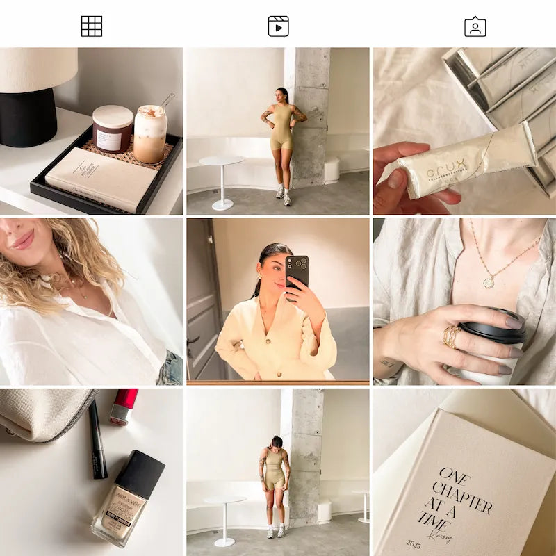 Photo grid preview edited with Soft Lightroom presets showing cohesive lifestyle, beauty, interior, and warm neutral photography