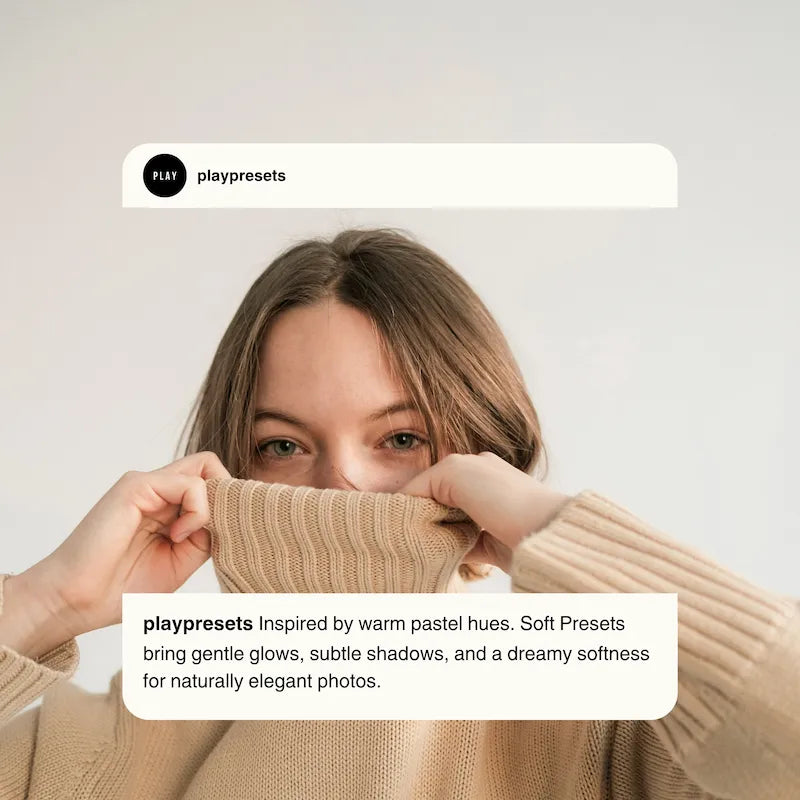 Soft Lightroom presets preview showing a close-up portrait with warm pastel tones, gentle contrast, and soft natural skin
