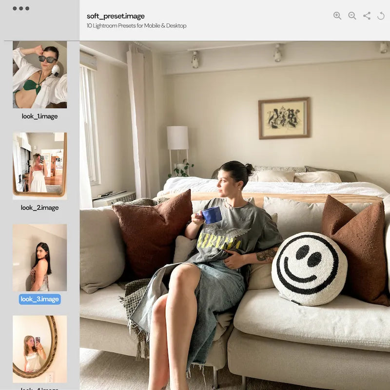 Soft Lightroom preset variations preview showing a bright interior lifestyle photo with airy light, warm neutrals, and lifted shadows