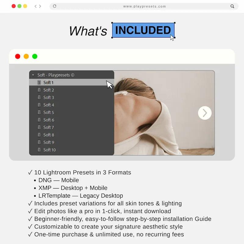 What’s included in Soft Lightroom presets collection showing 10 presets and files for mobile and desktop