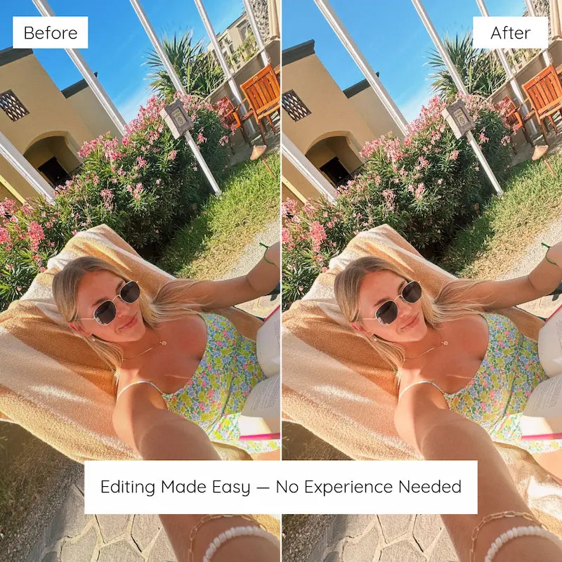 Before and after sunny lifestyle portrait edited with Sunshine Lightroom presets showing golden light, natural skin tones, and bright summer color