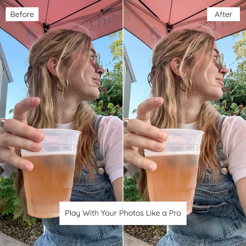 Before and after outdoor lifestyle photo edited with Sunshine Lightroom presets featuring warm summer tones, natural skin, and bright balanced highlights