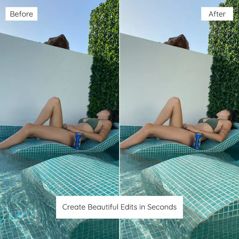 Before and after poolside photo edited with Sunshine Lightroom presets showing clean blue skies, warm sunlight, and natural summer color