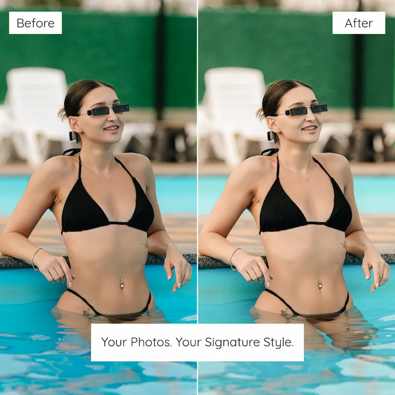 Before and after pool portrait edited with Sunshine Lightroom presets featuring turquoise water, natural skin tones, and bright sunlit color