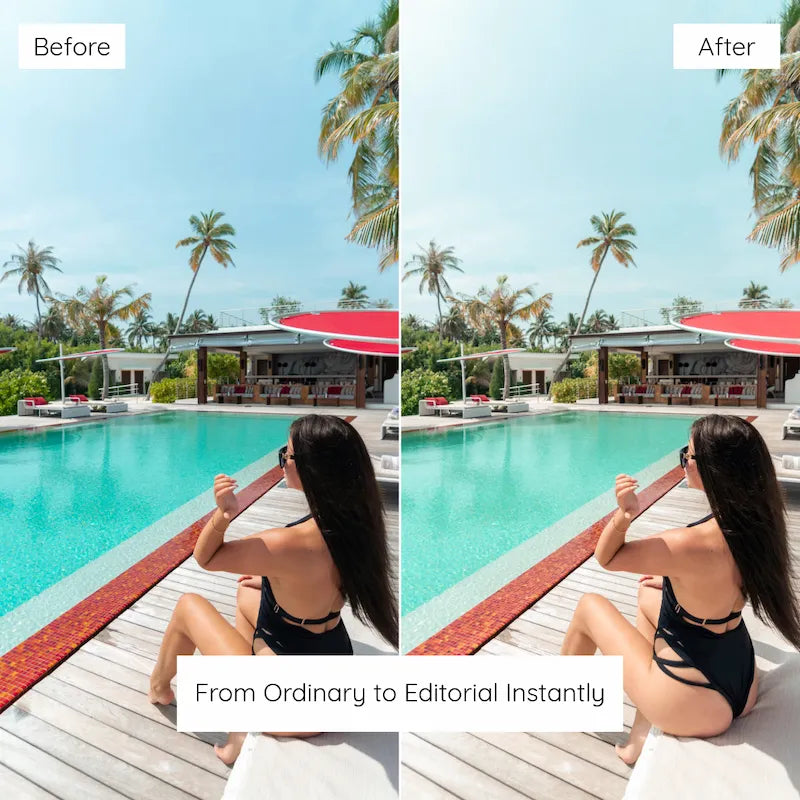 Before and after resort pool photo edited with Sunshine Lightroom presets showing clean blues, warm sunlight, and bright balanced highlights