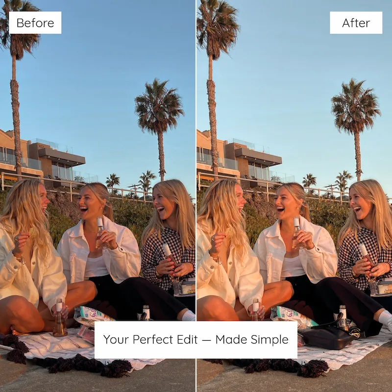 Before and after golden hour lifestyle photo edited with Sunshine Lightroom presets featuring warm golden light, natural skin tones, and summer glow