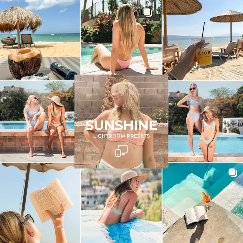 Sunshine Lightroom presets cover showing summer lifestyle photos with golden light, natural tans, clean blues, and warm sunlit tones