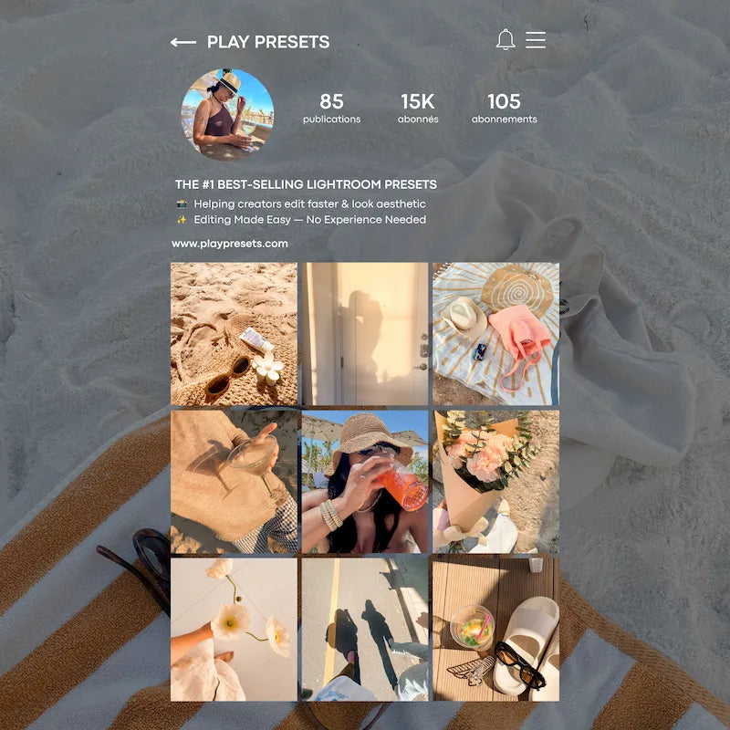 Instagram feed preview edited with Sunshine Lightroom presets showing cohesive golden tones, bright summer light, and warm lifestyle photography