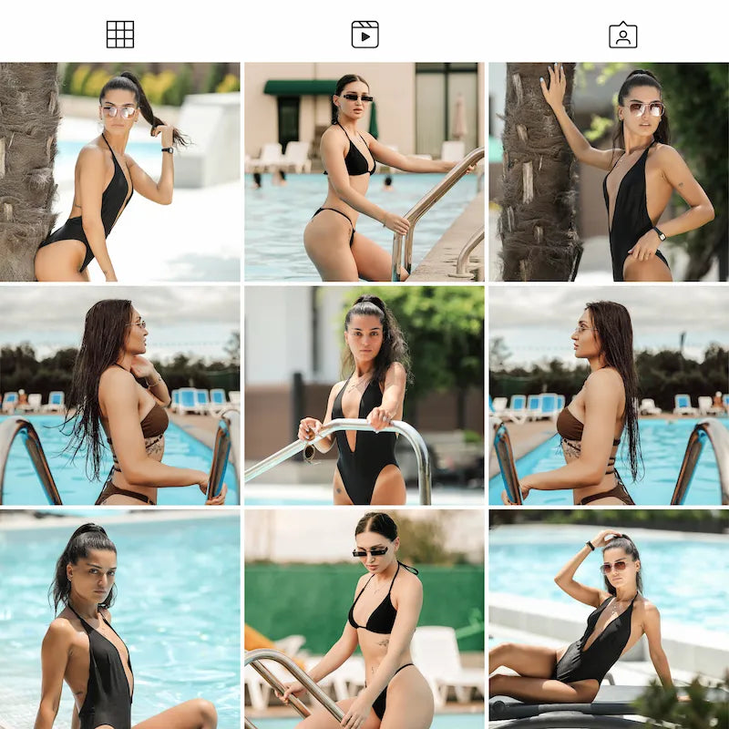 Photo grid preview edited with Sunshine Lightroom presets showing poolside portraits, turquoise water, natural tans, and bright summer tones